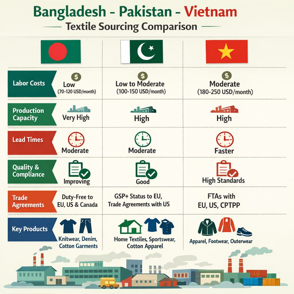 Bangladesh vs Pakistan vs Vietnam — textile sourcing destinations comparison