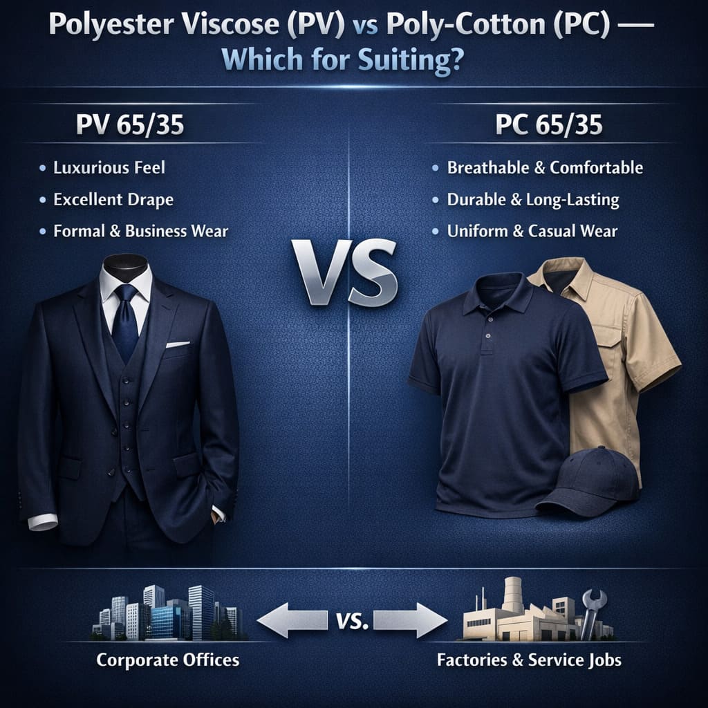 Polyester Viscose PV vs Poly-Cotton PC yarn — suiting fabric comparison infographic