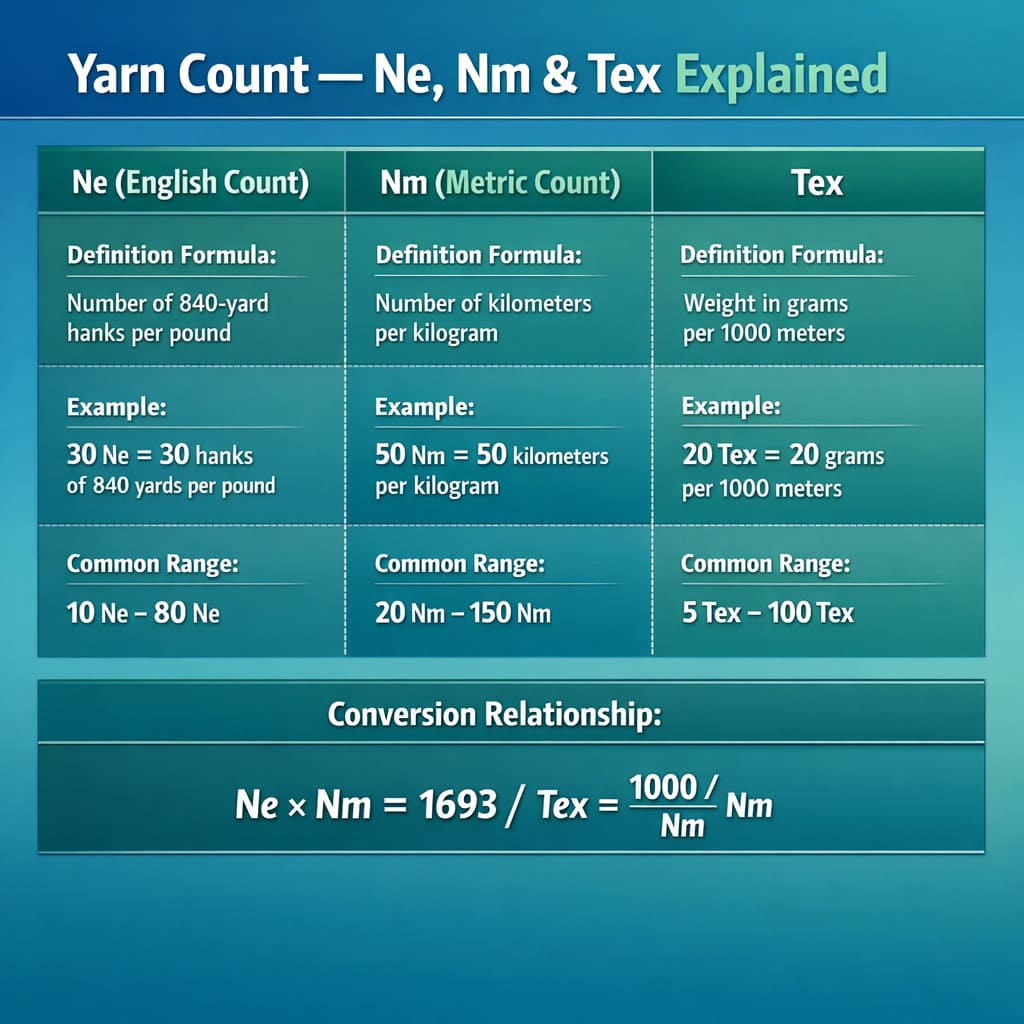 Yarn Count Ne Nm Tex explained infographic — Yaakan Chemical Fiber