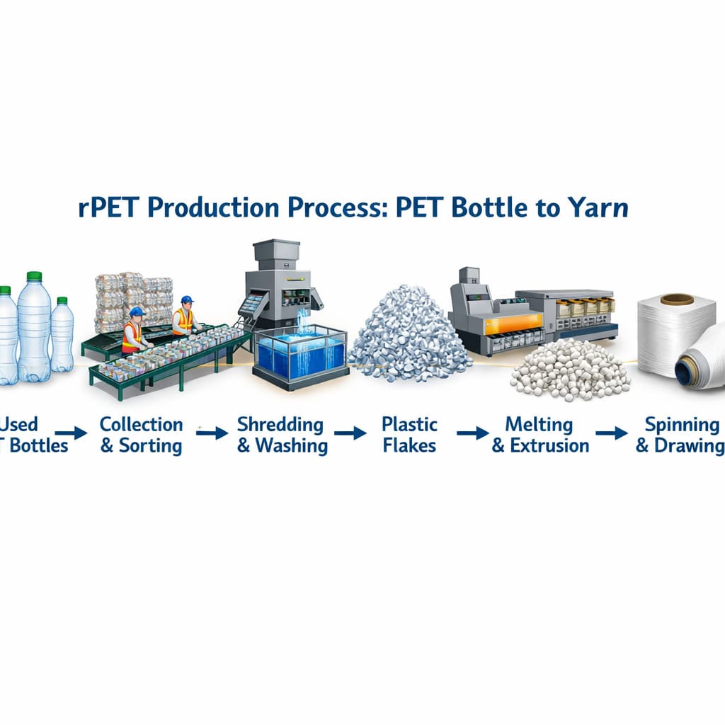 rPET production process — from PET bottle to recycled polyester yarn