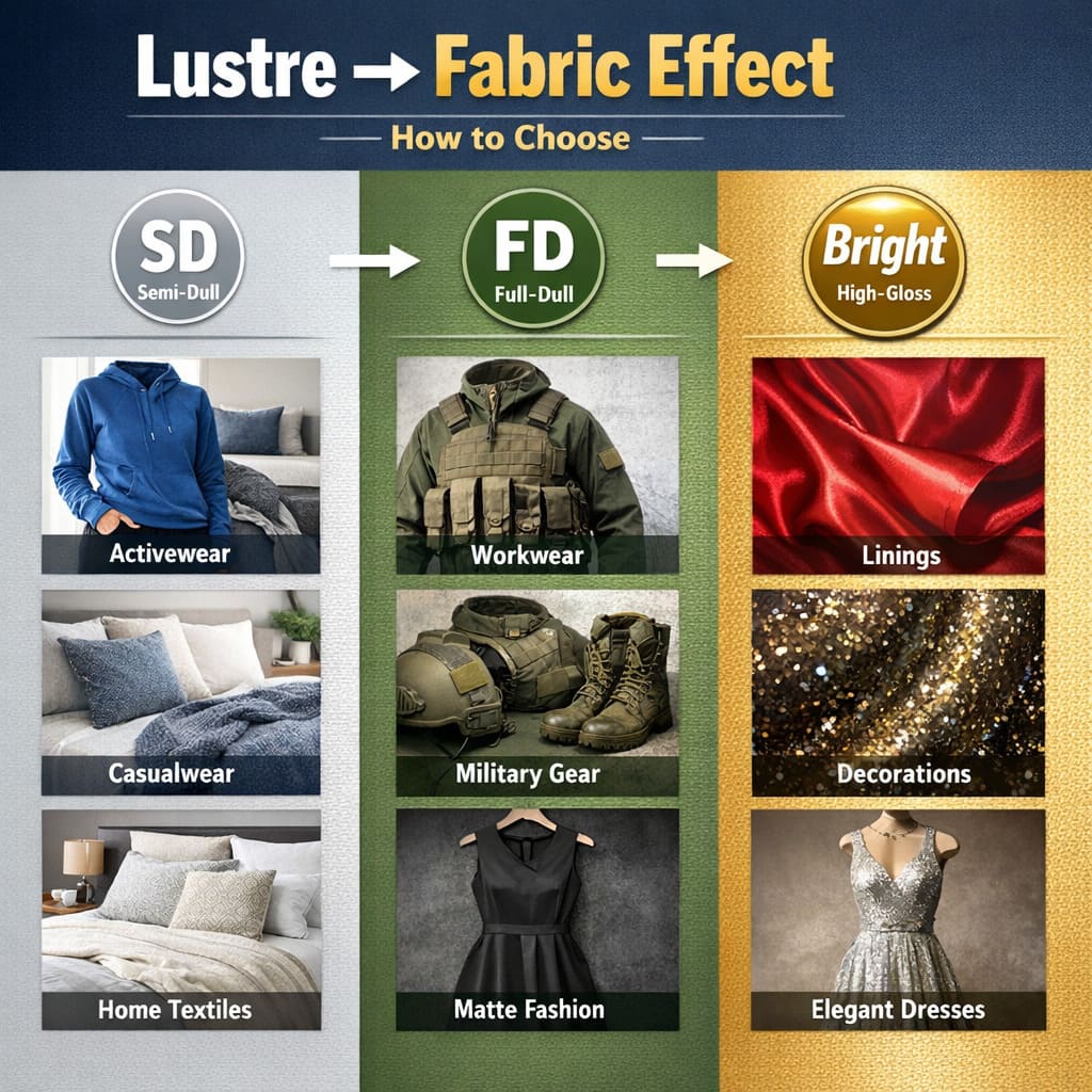 Polyester yarn lustre to fabric effect — how to choose SD FD or Bright