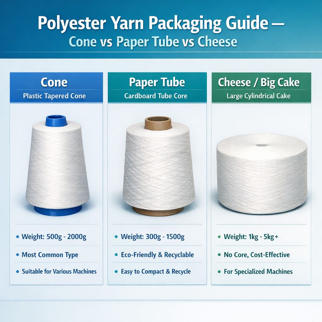 Polyester yarn packaging guide — cone vs paper tube vs cheese comparison