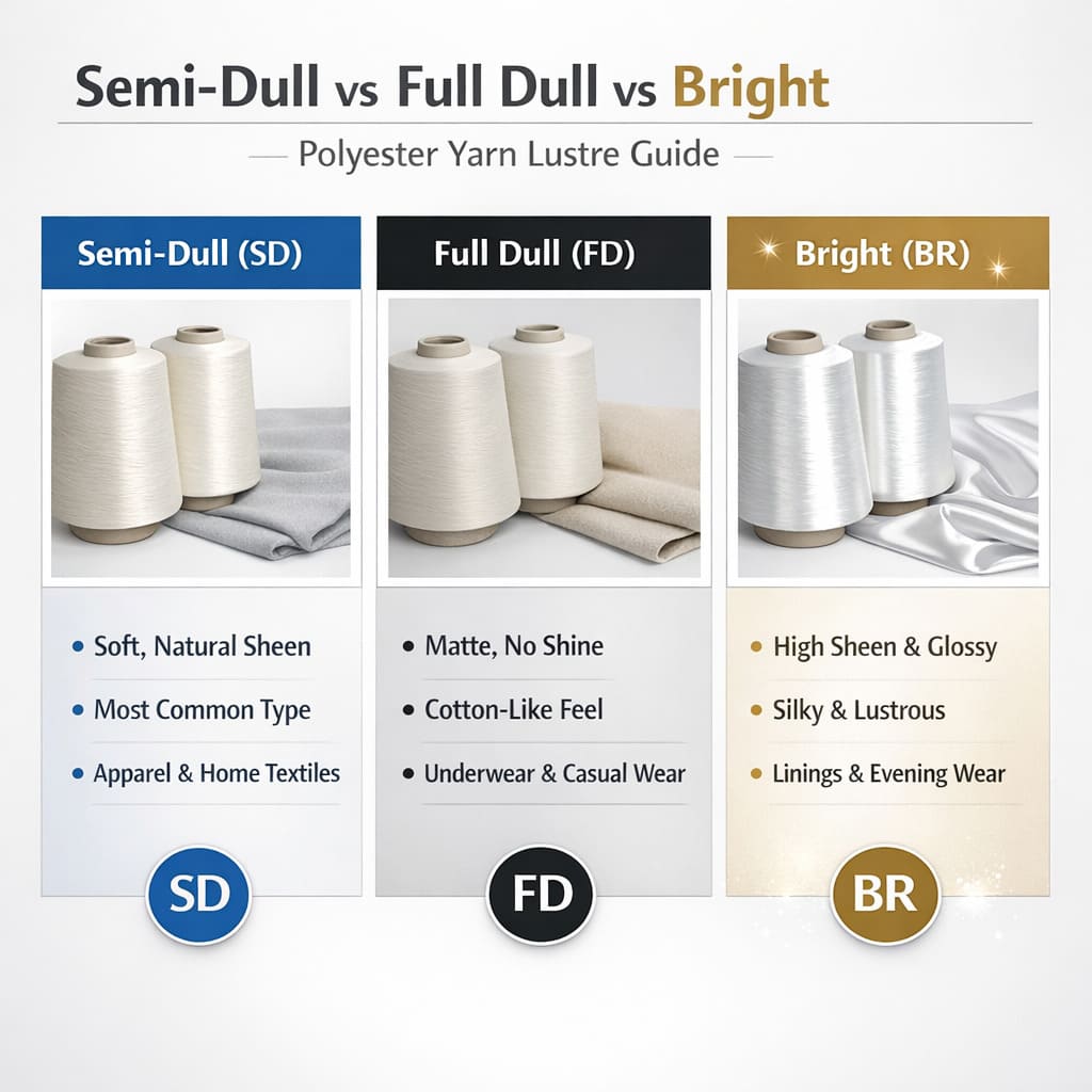 Semi-Dull vs Full Dull vs Bright Polyester Yarn — Complete Lustre Guide | Yaakan