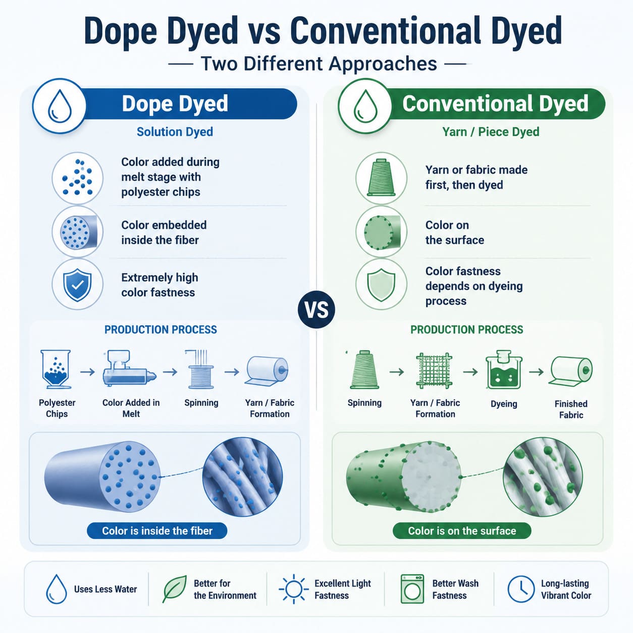 Dope dyed vs conventional dyed polyester yarn — two different approaches comparison