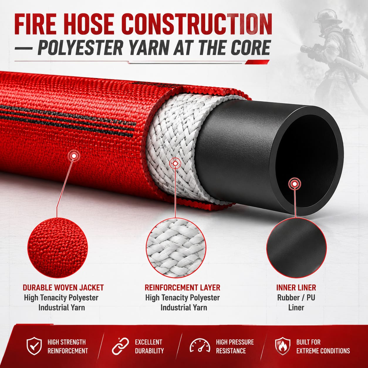 Fire hose construction — polyester yarn at the core structural diagram