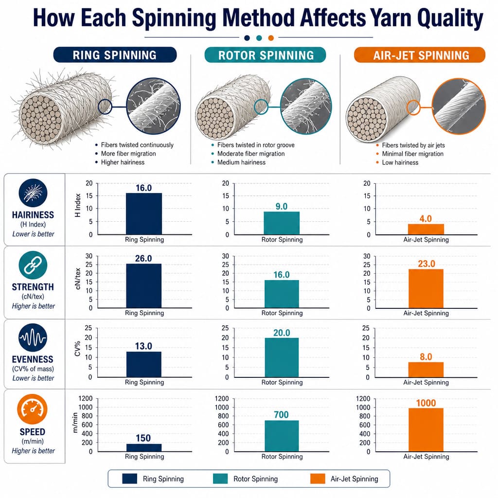 How each spinning method affects yarn quality — hairiness strength comparison
