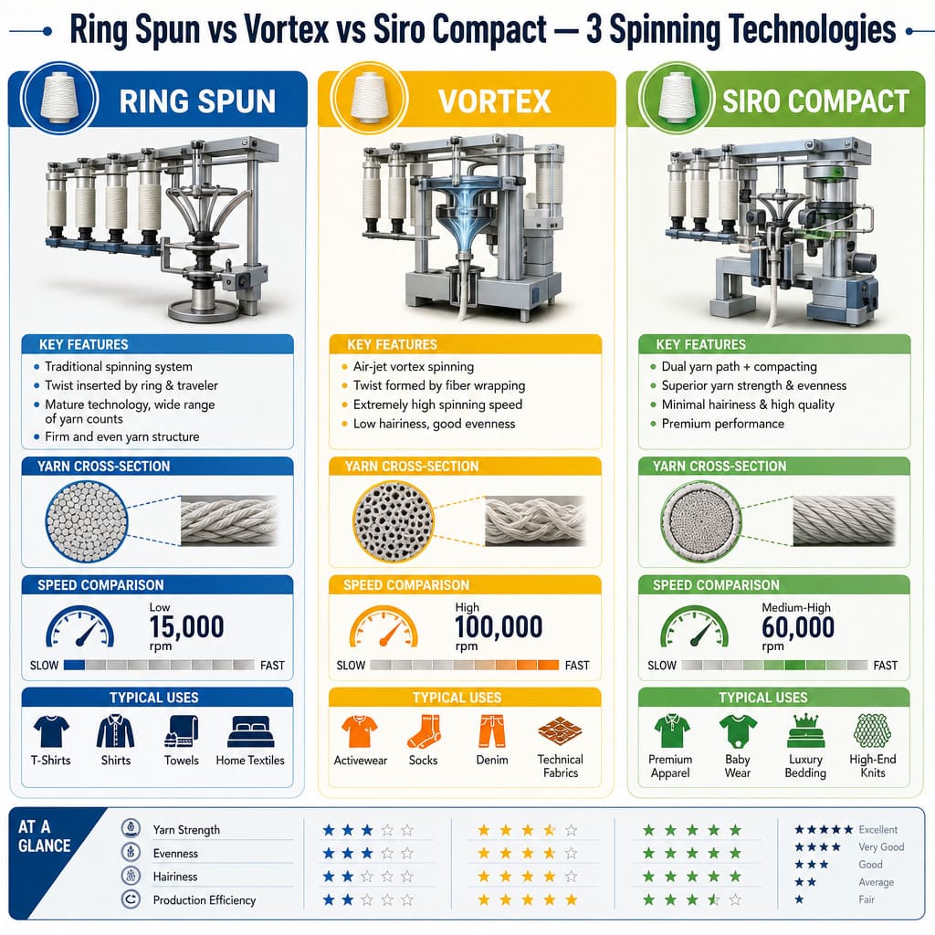 Ring Spun vs Vortex vs Siro Compact Spinning — Complete Yarn Manufacturing Guide