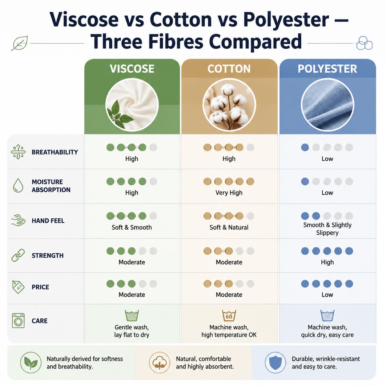 Viscose vs cotton vs polyester — three fibres compared