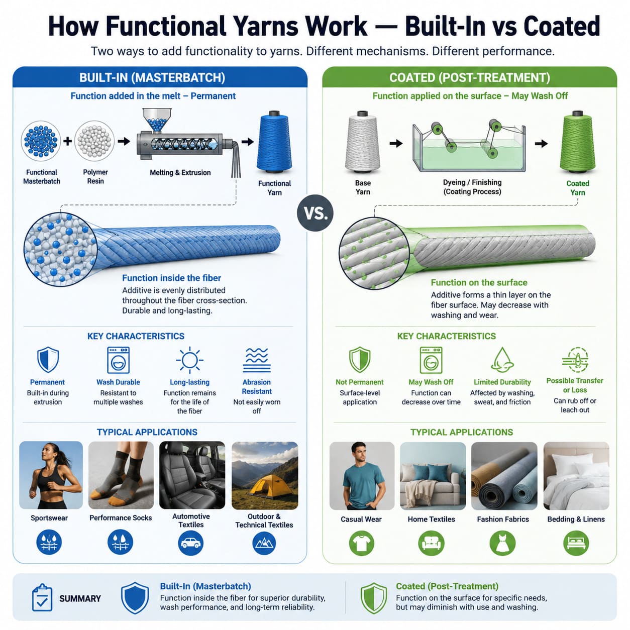 How functional yarns work — built-in masterbatch vs coated finishing comparison