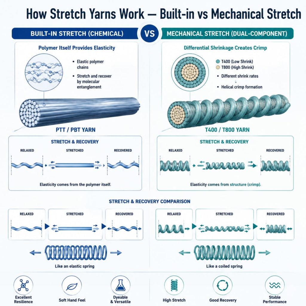 Stretch Yarn Guide — PTT vs PBT vs T400 vs T800 Elastic Polyester