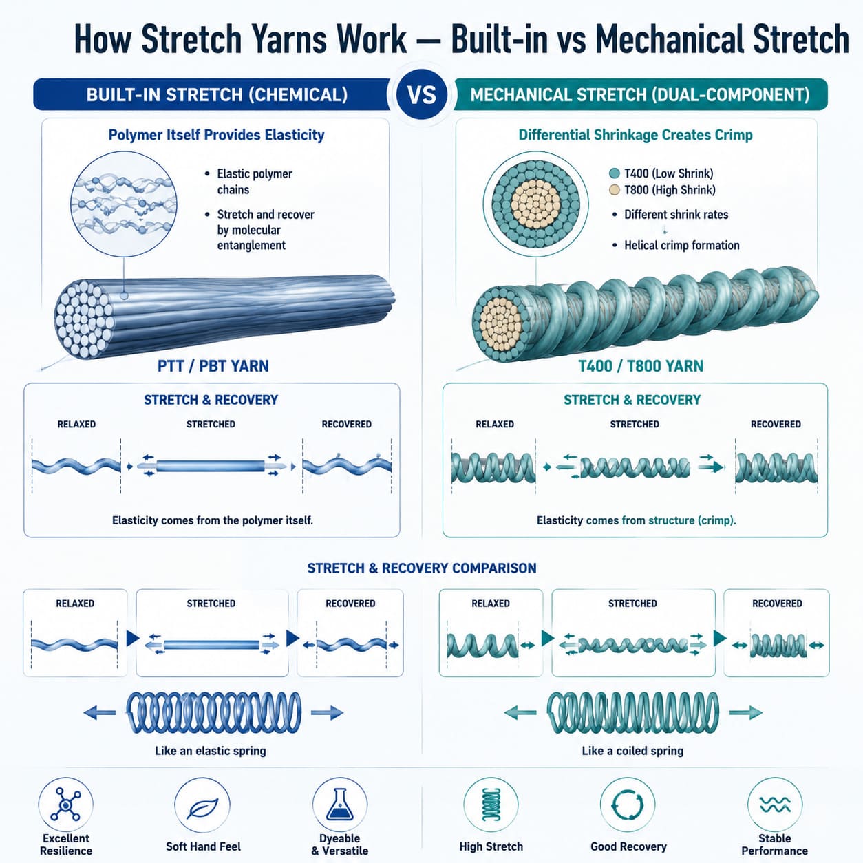 How stretch yarns work — built-in polymer stretch vs mechanical bi-component stretch