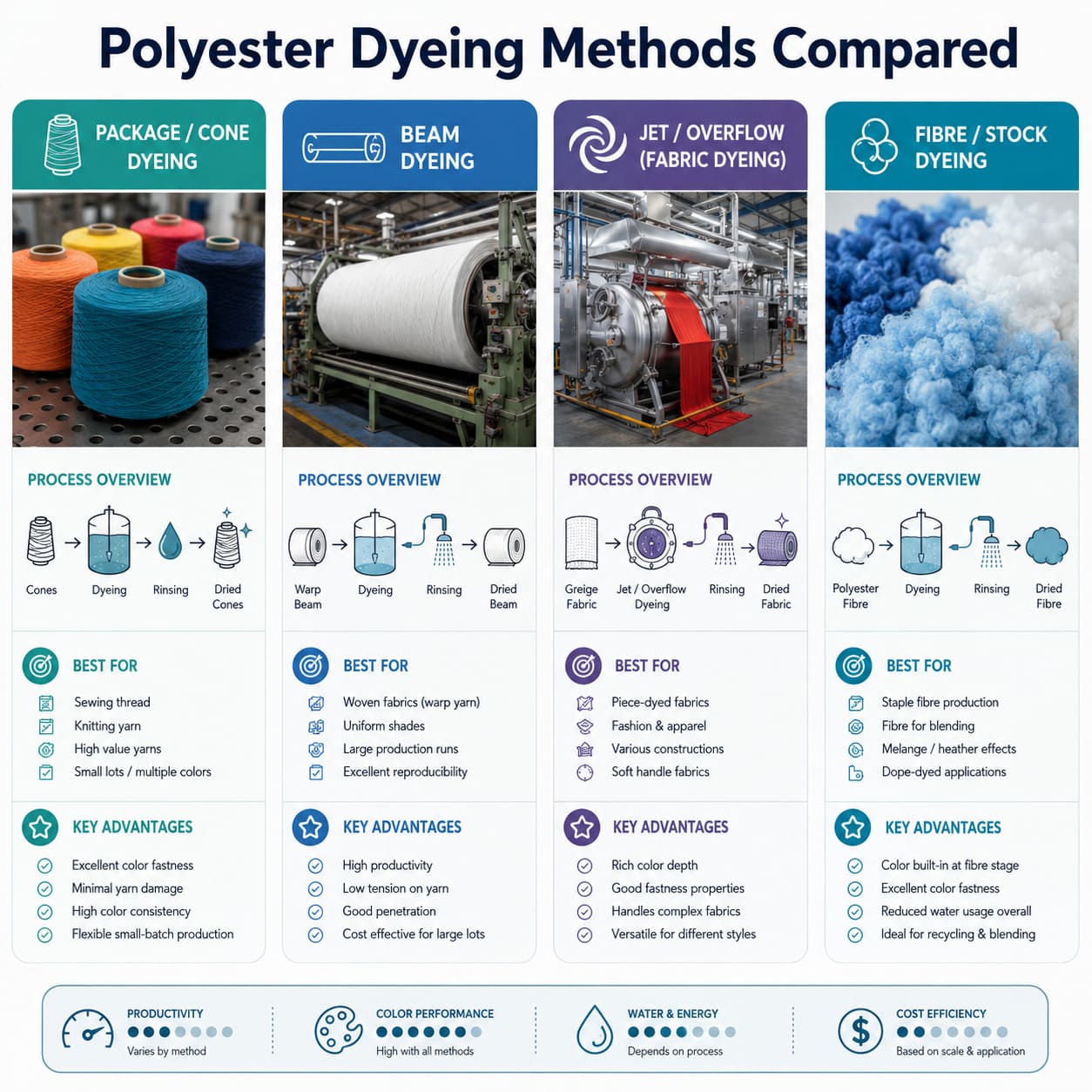 Polyester dyeing methods compared — package beam jet fibre dyeing